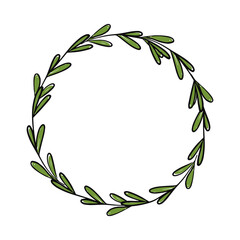 Hand drawn circular frame, wreath made of green leaves branches in fresh green tones for decorative use vector illustration
