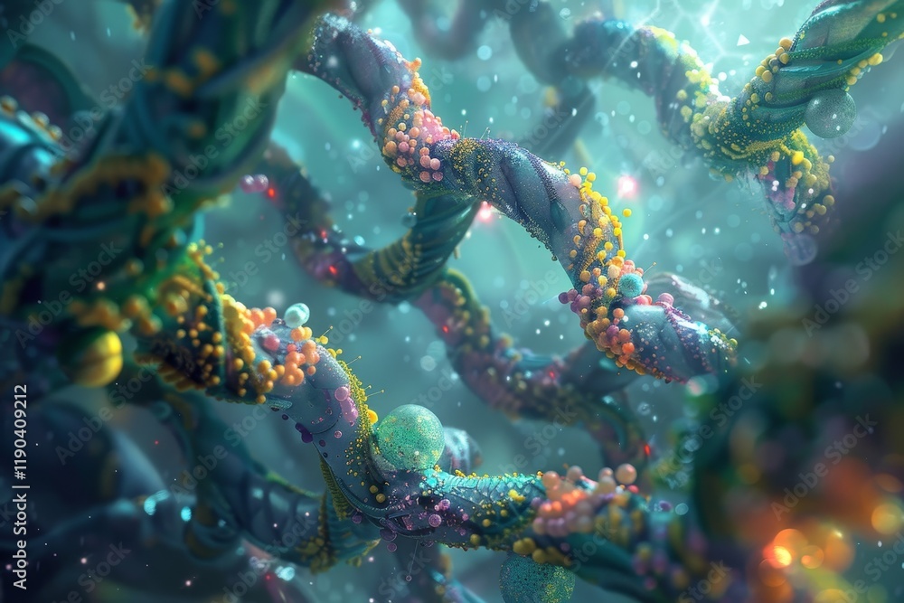 Poster digital art showing genetic material strands, a visual of genetic engineerings complexity, create a 