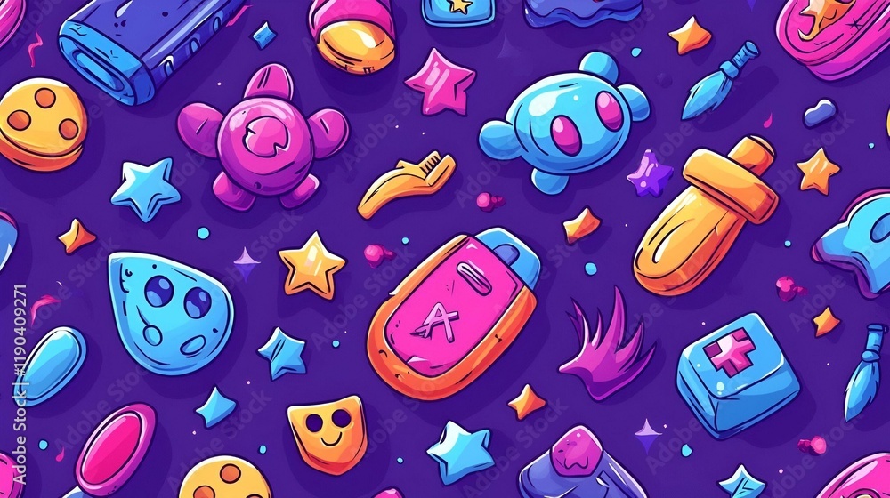 Poster rpg game icon pattern, a vibrant design showcasing various gaming icons, intricately arranged for a 