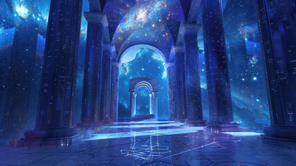 Fototapeta premium Ancient Mystical Temple Interior with Glowing Blue Portal and Magic Crystals Fantasy Scene