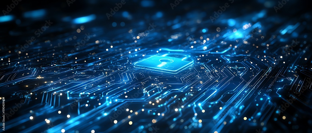 Leinwandbilder A digital padlock symbolizing advanced cyber security, dark blue background with intricate data streams, fraud prevention and privacy protection, modern technology
