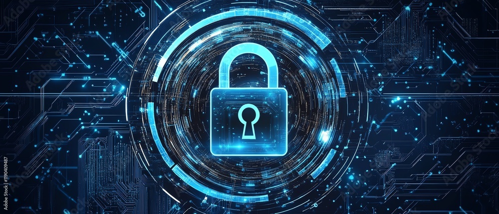 Aufkleber a digital padlock symbolizing advanced cyber security, dark blue background with intricate data stre