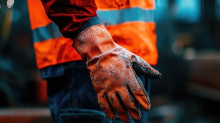 A Worn Orange Work Glove on a Workers Hand