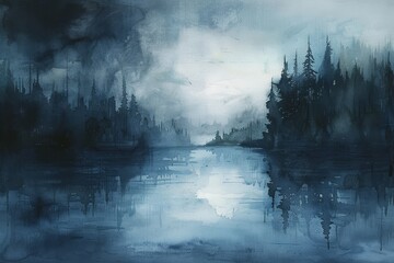 A moody watercolor painting depicting a misty morning with trees reflected in still water, A moody watercolor scene with deep shades of gray and blue