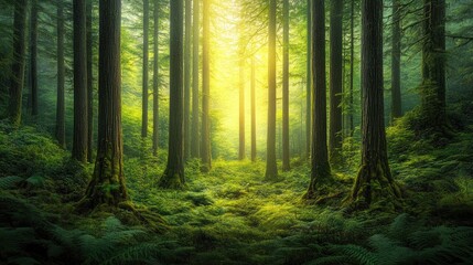 Obraz premium Sunlit Forest Path Tall Trees Lush Greenery