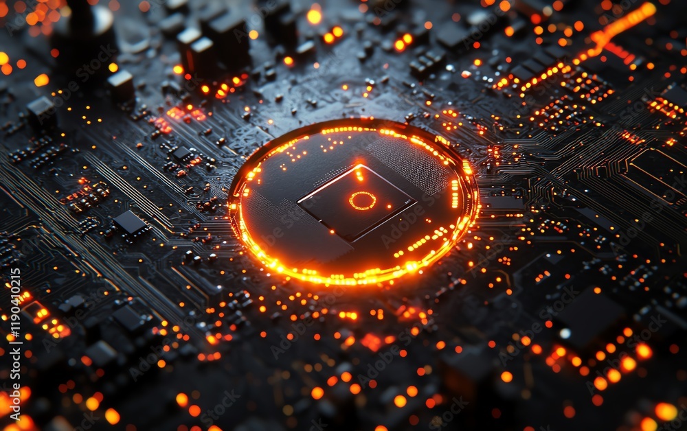 Poster Closeup of a processor and microchip embedded in an electronic circuit board, advanced technology, generative AI concept, digital electronic background