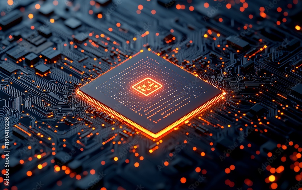 Poster Closeup of a processor and microchip embedded in an electronic circuit board, advanced technology, generative AI concept, digital electronic background