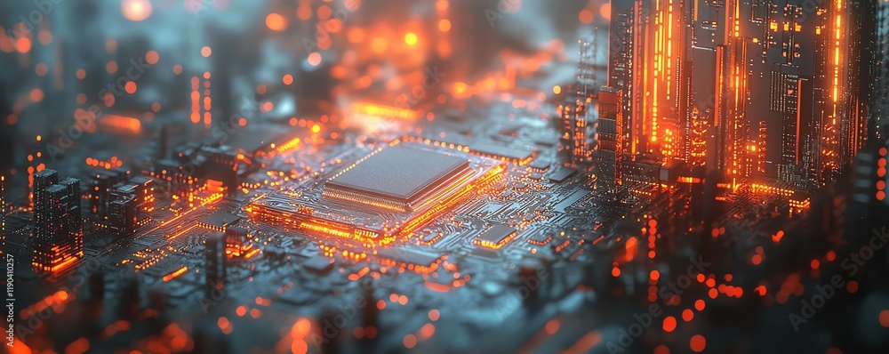 Leinwandbilder Detailed microchip and CPU on an intricate circuit board, showcasing advanced computing technology, generative AI, electronic circuit connections and tech design