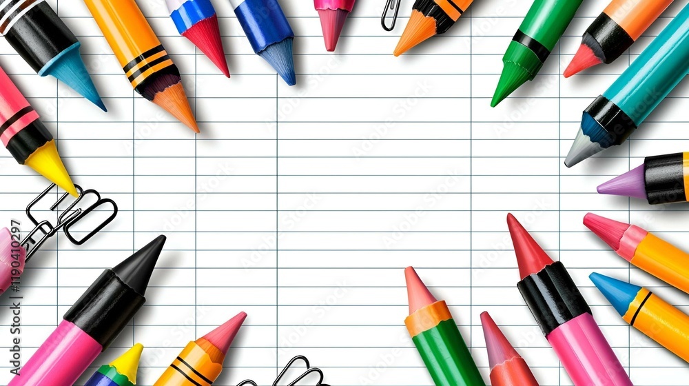 Poster vibrant crayon border, a colorful array of sharp crayons arranged in a lively display, inviting crea