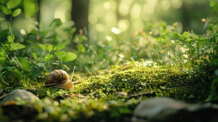 Obraz premium Snail journey through lush green forest nature scene peaceful environment close-up view