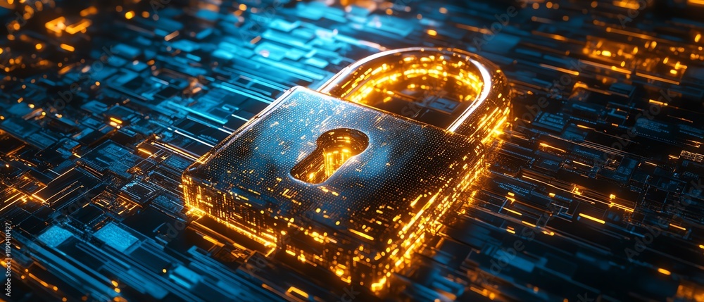 Poster digital padlock surrounded by data streams on dark blue background, cyber security concept for prote