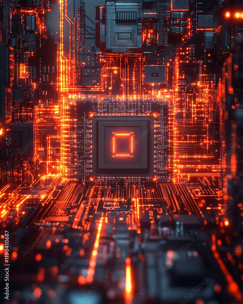 Poster Futuristic CPU and microchip embedded in an electronic circuit board, glowing connections, advanced technology conceptual background, generative AI innovation