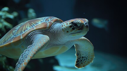 Fototapeta premium A sea turtle gracefully swims underwater