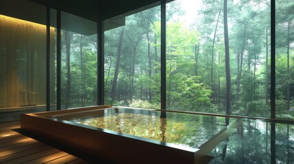Luxurious Japanese onsen spa room with a rectangular wooden bathtub and a glass wall revealing a forest backdrop.