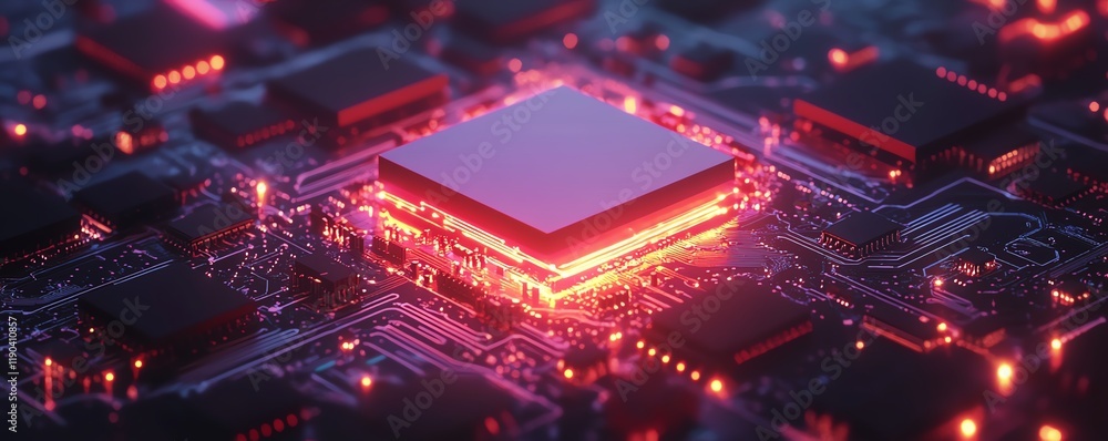 Leinwandbilder Futuristic microchip and CPU glowing on an electronic circuit board, representing advanced computing and generative AI, modern technology visualization