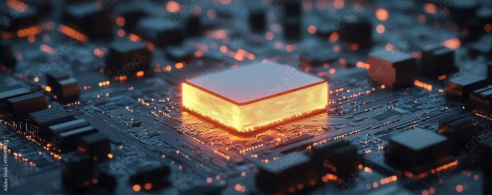 Leinwandbilder Futuristic microchip and CPU glowing on an electronic circuit board, representing advanced computing and generative AI, modern technology visualization
