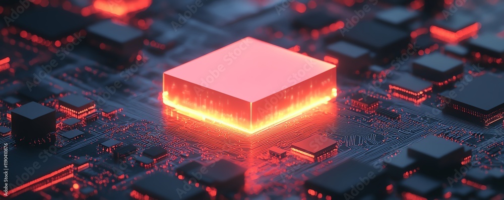Leinwandbilder Futuristic microchip and CPU glowing on an electronic circuit board, representing advanced computing and generative AI, modern technology visualization