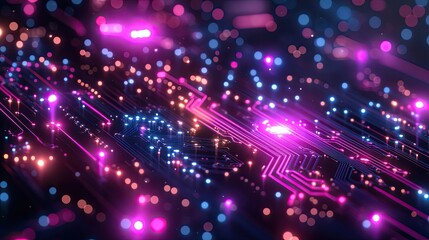Fototapeta premium An abstract circuit board background uses neon blue and purple lines to represent digital technology