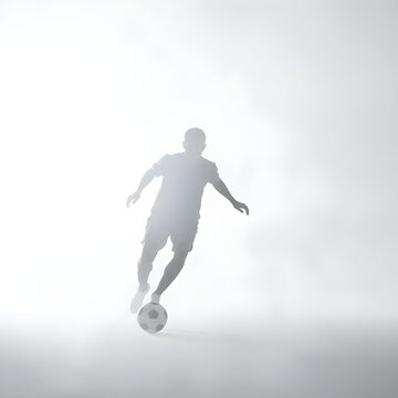 Silhouetted Soccer Player Dribbling Ball in Action on White Background