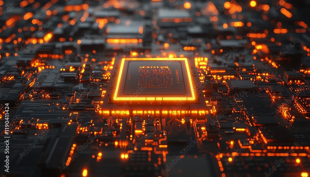 Aufkleber Highresolution view of a microchip, CPU, and electronic circuit board, data connections glowing, representing generative AI and advanced technology