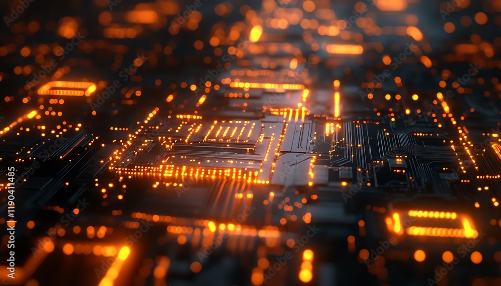 Poster Highresolution view of a microchip, CPU, and electronic circuit board, data connections glowing, representing generative AI and advanced technology