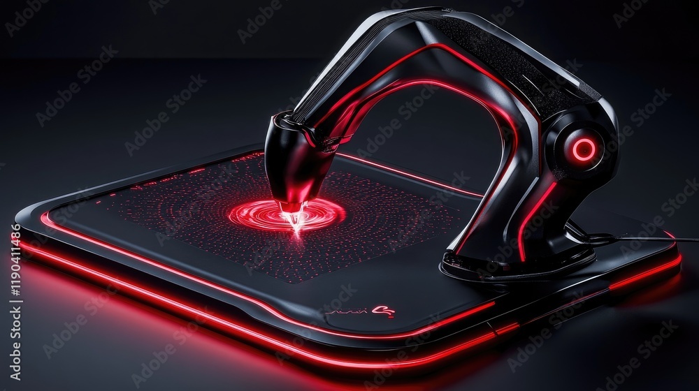 Poster futuristic robotic arm creating red light pattern