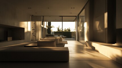 Fototapeta premium Sunlit modern living room with large glass doors opening to a patio.
