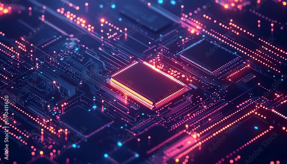 Leinwandbilder Hightech microchip and computing processor, electronic circuit board glowing with data flow, advanced technology and generative AI theme, digital future
