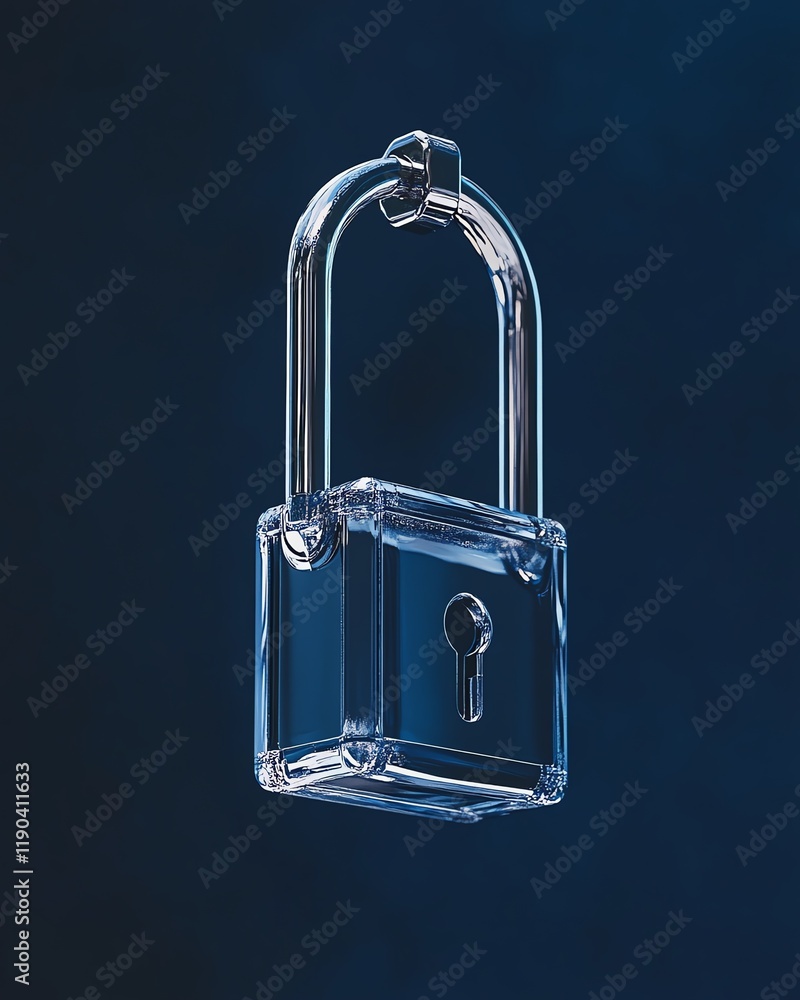 Poster hightech digital padlock floating over a dark blue background, cyber security and fraud prevention t