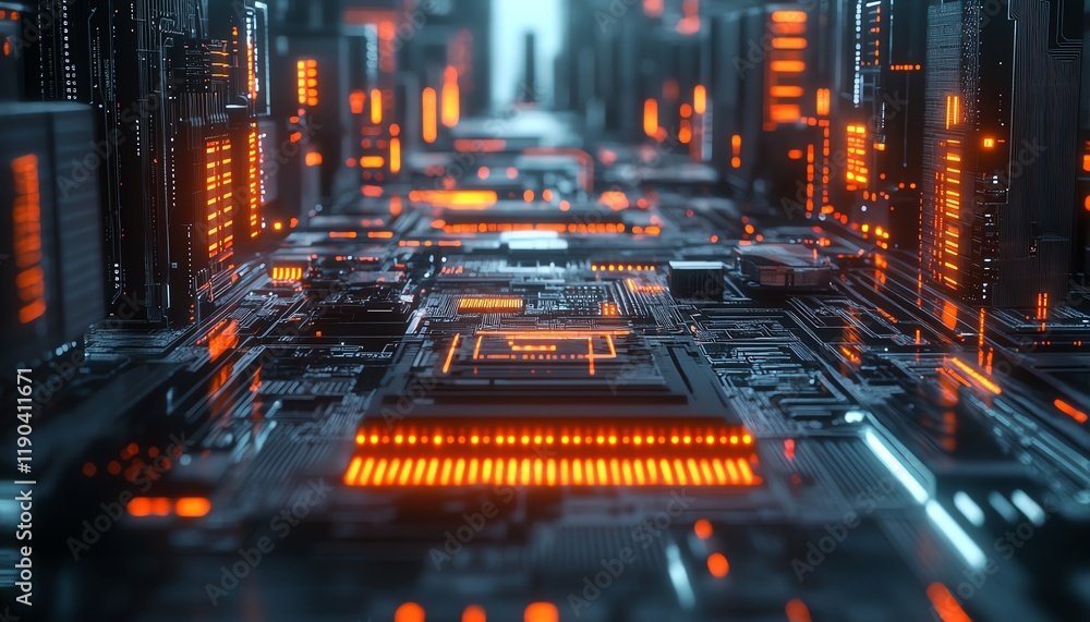 Leinwandbilder Hightech microchip and computing processor, electronic circuit board glowing with data flow, advanced technology and generative AI theme, digital future