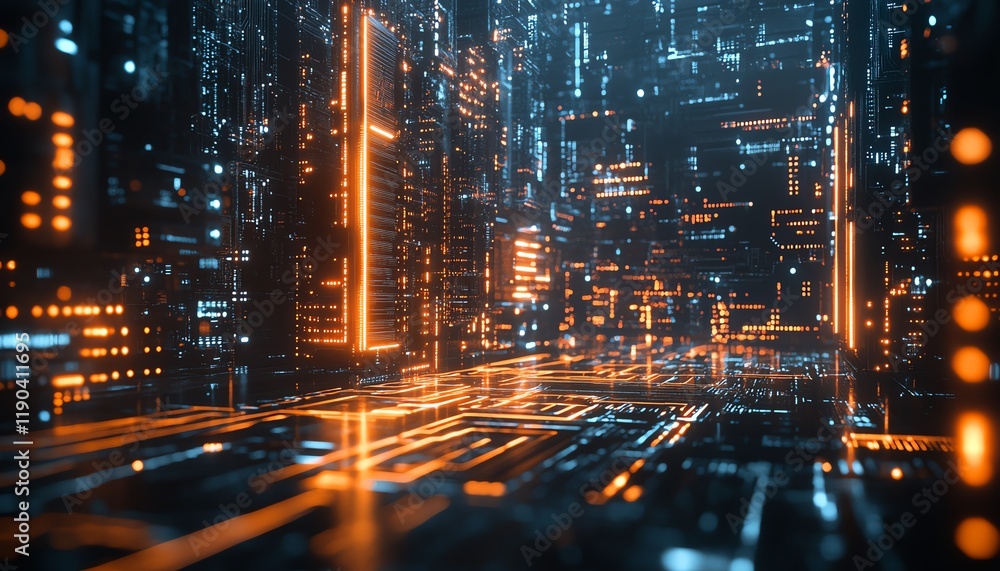 Leinwandbilder Hightech microchip and computing processor, electronic circuit board glowing with data flow, advanced technology and generative AI theme, digital future