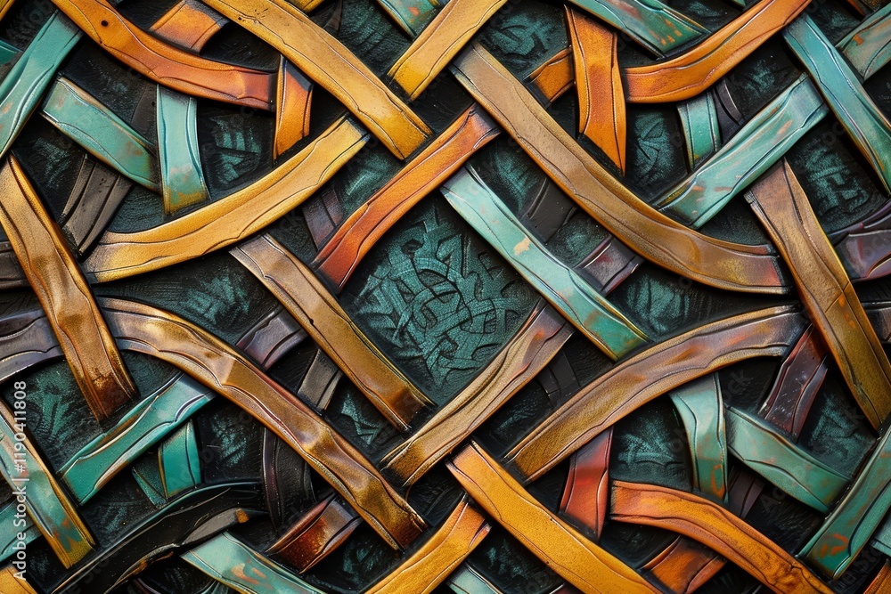 Poster a close-up view of a woven metal artwork featuring celtic-inspired patterns, celtic-inspired pattern