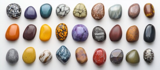 Collection of colorful polished stones on white background.