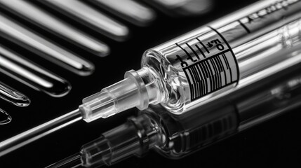 Closeup of a Syringe and Test Tubes on a Dark Surface