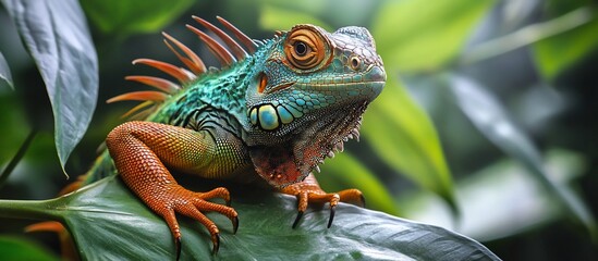 Obraz premium Vibrant green and orange iguana perched on a lush green leaf in a tropical rainforest.