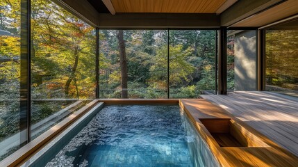 Fototapeta premium Minimalist Japanese spa with a handcrafted wooden tub and a glass wall opening to a Zen garden.