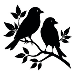 Silhouette of Two Birds on a Tree Branch with Leaves &ndash; Vector Illustration