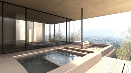 Modern Japanese onsen with a large wooden bathtub, minimalist decor, and glass walls providing an outdoor view.
