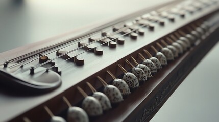 Close-up of a traditional stringed musical instrument with shell-shaped tuning pegs.