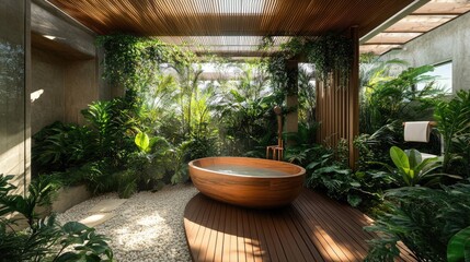 Open-air spa with a wooden bathtub nestled among vibrant tropical plants.