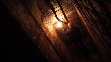 Worker using a torch in a dark narrow passageway
