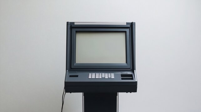 Old-fashioned ATM machine with blank screen against a white wall.