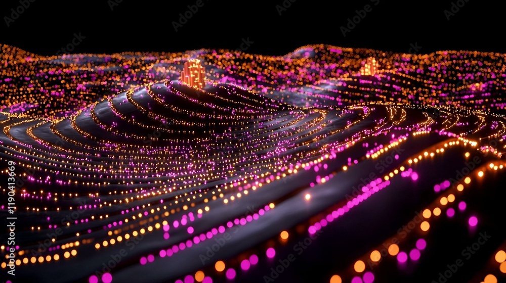 Poster wavy field design, a vibrant 3d illustration showcasing undulating landscapes with fluid textures an