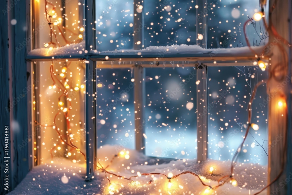 Poster a close-up view of a windowpane with string lights, covered in fresh snow and gently falling snowfla