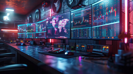 Professional Trading Desk Setup with Multiple Monitors Displaying Financial Charts in Cyberpunk Style
