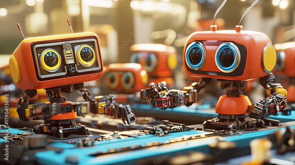 Poster two retro robots collaborate on assembly line work