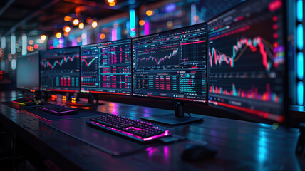 Professional Trading Desk Setup with Multiple Monitors Displaying Financial Charts in Cyberpunk Style