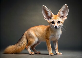 Adorable Fennec Fox Standing on Gray Background - Wildlife Stock Photo