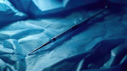 Medical Syringe Rests on Blue Sterile Drape