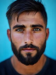 Obraz premium Man with beard Close up portrait serious expression green eyes brown skin